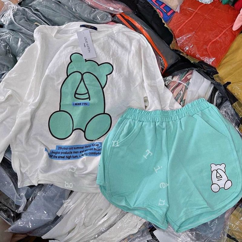 Sét bộ áo thun  tay dài in gấu &amp; quần đùi mẫu siêu dễ thương (GĐX3)