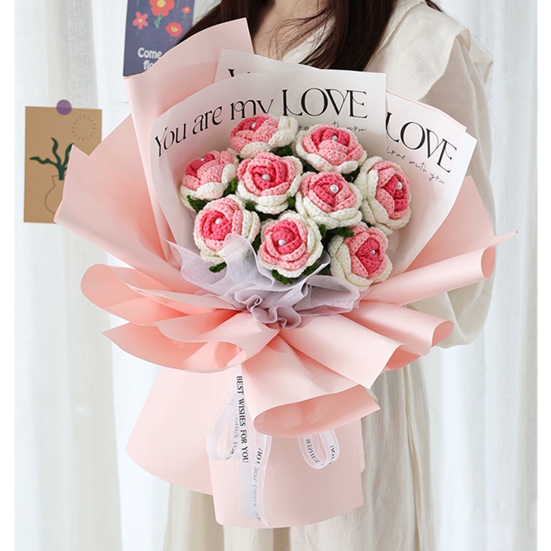 Sản Phẩm Hoàn Thiện Bó Hoa Hồng Đan Len Thủ Công Màu Gradient Sáng Tạo Làm Quà Tặng Sinh Nhật Bạn Gái