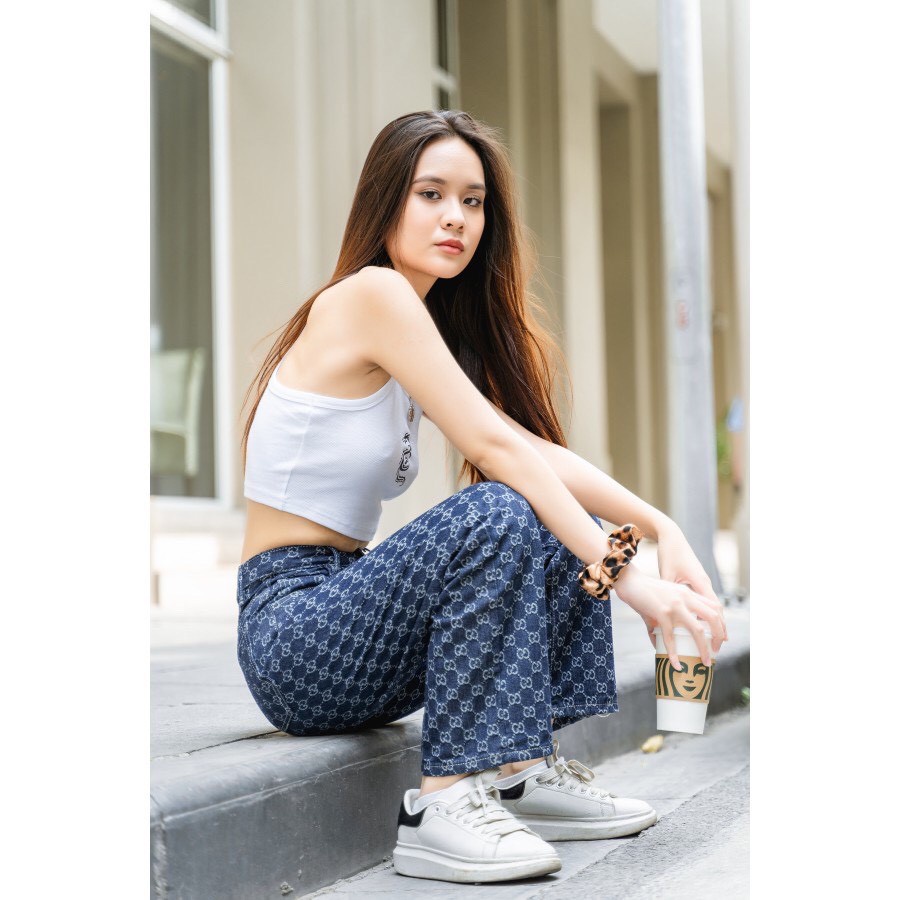 Hàng Có Sẵn  Quần Jeans nữ GU-Suong, Ống suông rộng In Họa Tiết Phong Cách Hàn Quốc full Size S-Xl
