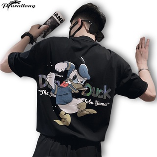 Puruilong donald duck áo thun cotton ngắn tay màu đen in hình vịt donald thời trang cho nam