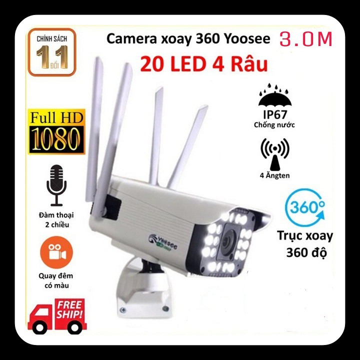 CAMERA YOOSEE THÂN XOAY 4 RÂU 20 ĐÈN 3.0MPX SIÊU NÉT - GÓC RỘNG - CHỊU NẮNG MƯA - CÓ MÀU BAN ĐÊM