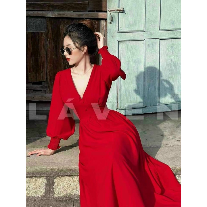 (Sale FreeShip) Đầm nữ thiết kế dáng dài,đầm maxi cổ v tay phồng nút bọc chất lụa mềm mát,hàng loại 1 lên from xuất sắc