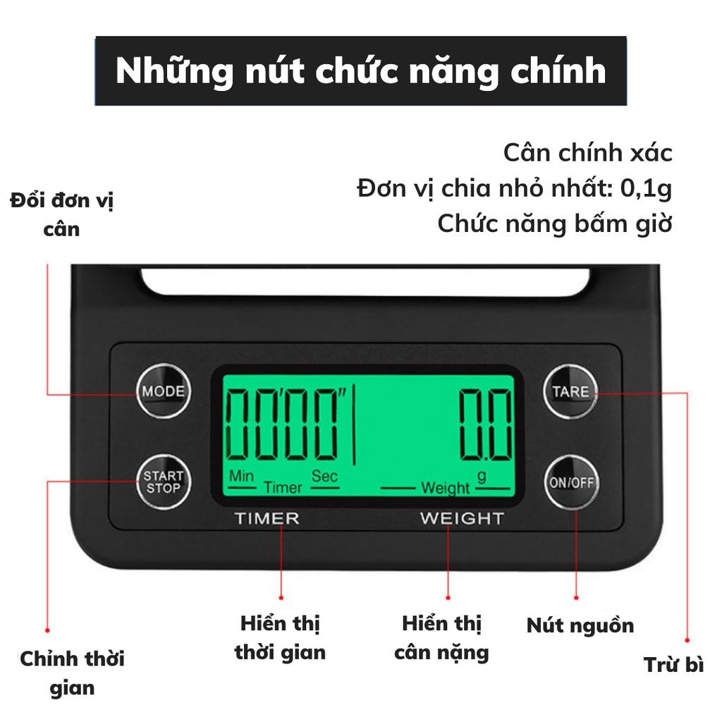 Cân tiểu ly điện tử pha chế tiểu li mini pha cà phê nguyên chất Espresso định lượng 0.1g - 5kg độ chính xác cao nhà bếp