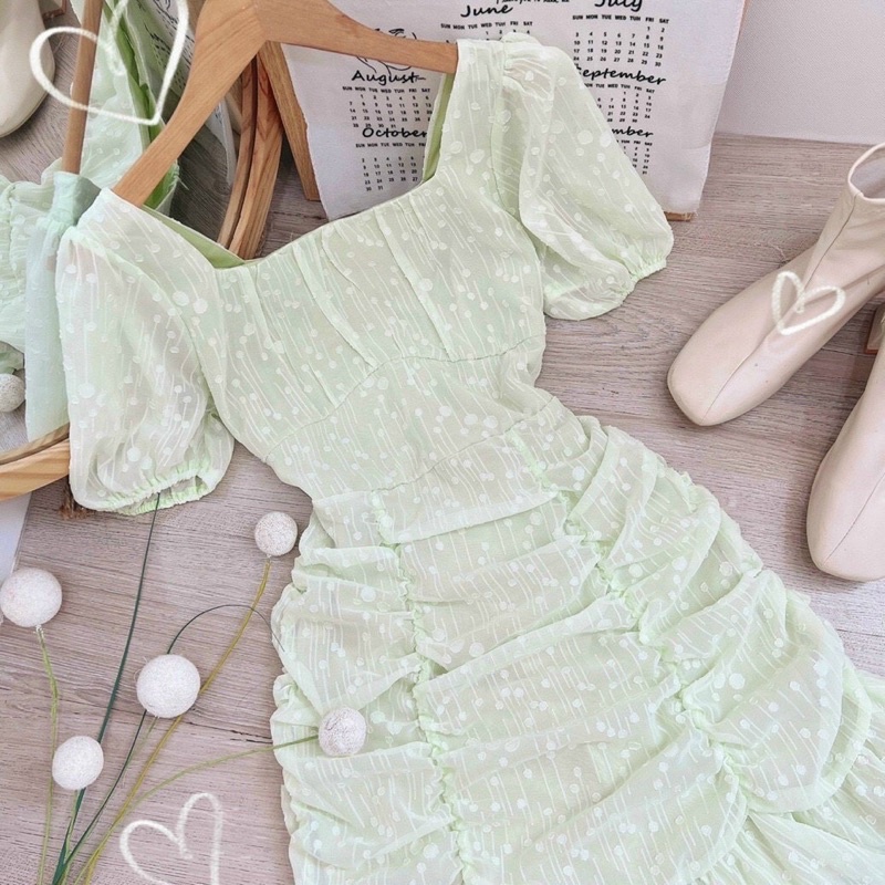 ❤️Đầm xanh nhún thân kèm hình thật