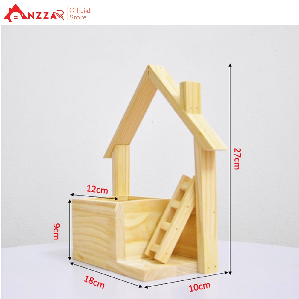 Giỏ hoa gỗ treo tường Anzzar hình ngôi nhà độc đáo cắm hoa, trồng cây giả trang trí nội thất phong cách GH-02