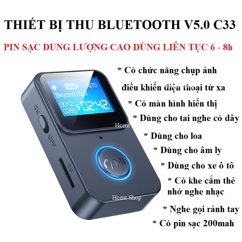 Thiết bị thu âm thanh không dây C33 Bluetooth 5.0 có pin sạc và màn hình hiển thị, khe cắm thẻ nhớ, cổng sạc type C