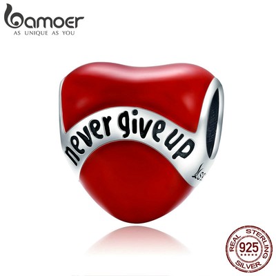 Hạt Xỏ Trang Sức Bamoer Hình Trái Tim Khắc Chữ Never Give Up Thời Trang