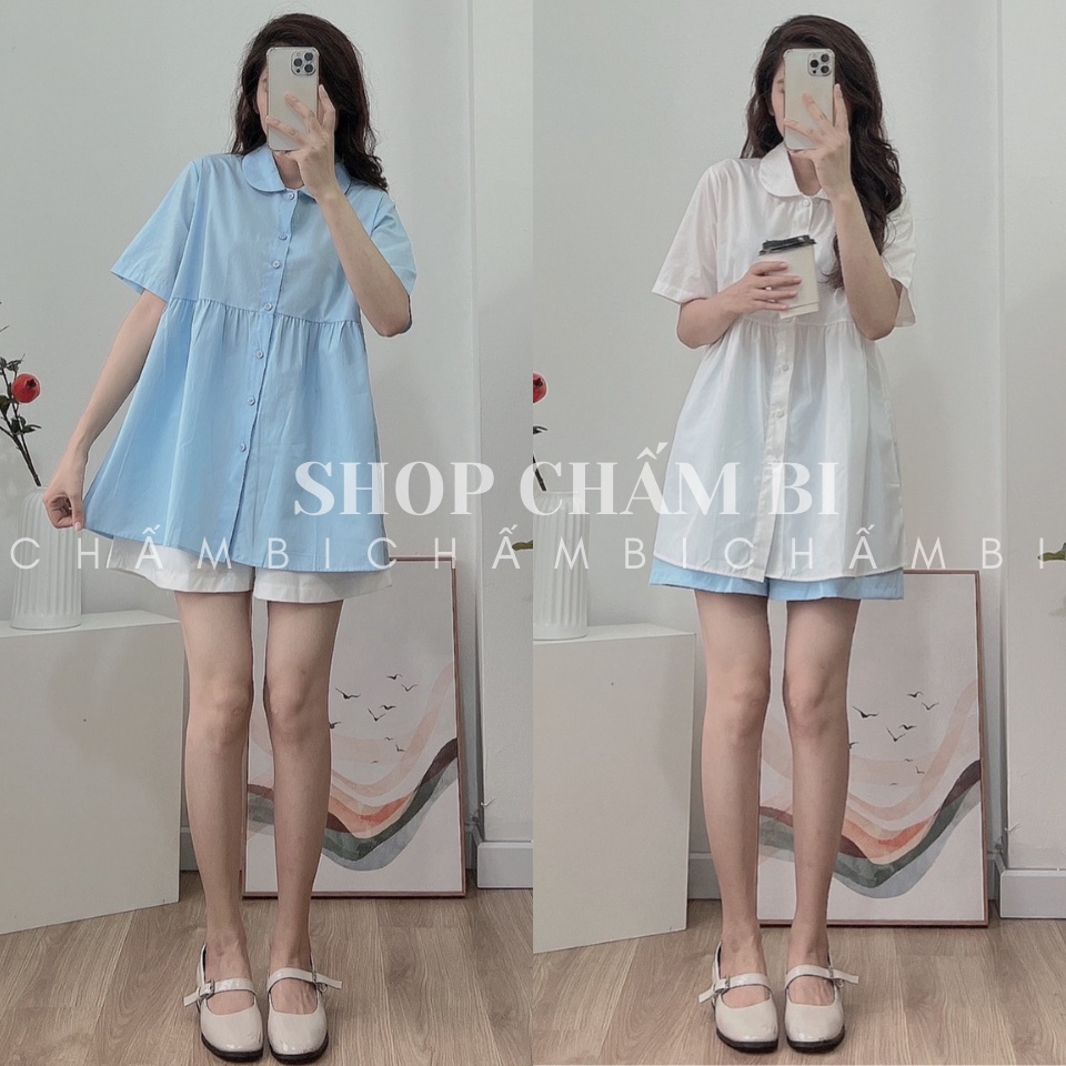 Set bộ đi chơi S.092, Set áo sơ mi dáng babydoll cổ sen cùng quần short ống rộng ngọt ngào - Thời trang nữ Chấm Bi