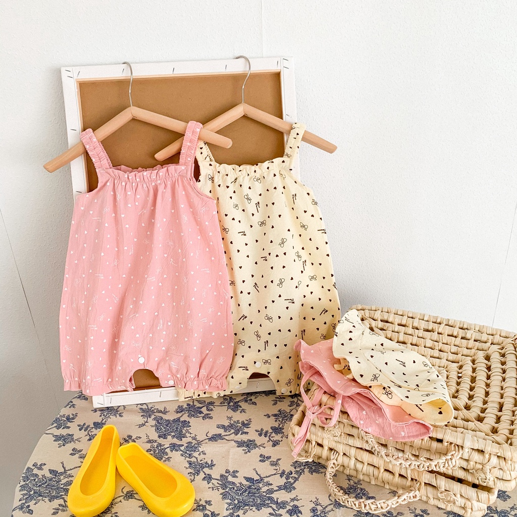 bodysuit cho bé gái Body đùi cho bé chất Thun lạnh mềm mát bodysuit cho bé trai bé gái Hình Gấu áo liền quần không tay cho bé 0-12M[Kèm mũ]