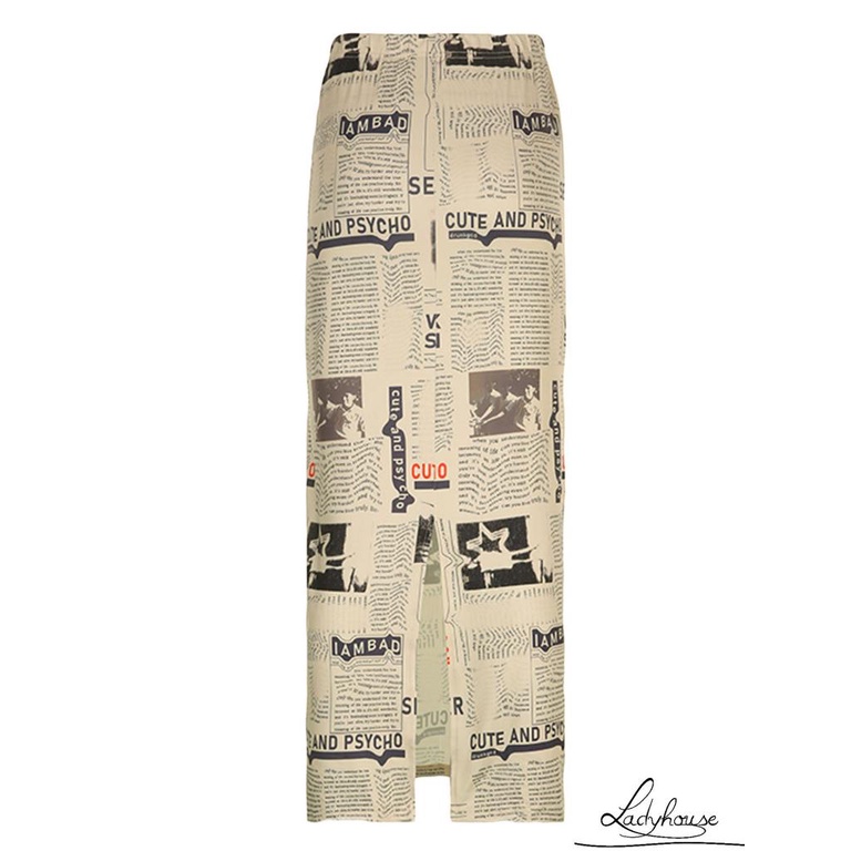 Chân Váy Dài Tới Mắt Cá Chân Eo Cao Co Giãn In Họa Tiết Tờ Báo Thời Trang Đường Phố Cho Nữ