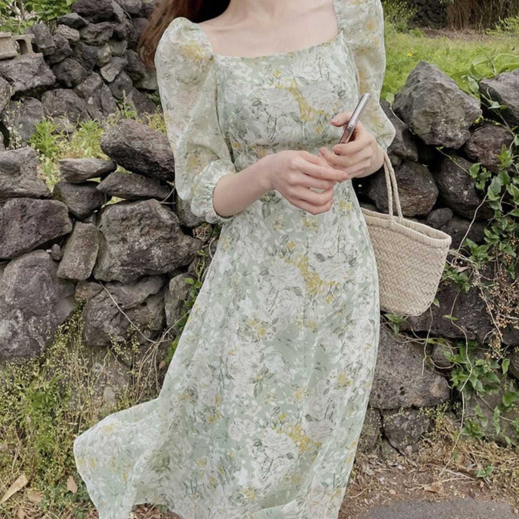 Đầm Lửng Tay Lửng Cổ Vuông Eo Cao Phong Cách Hàn Quốc Thời Trang Cho Nữ