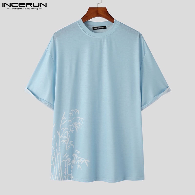 Áo thun INCERUN tay ngắn cổ tròn in hoa phong cách Hàn Quốc thời trang cho nam