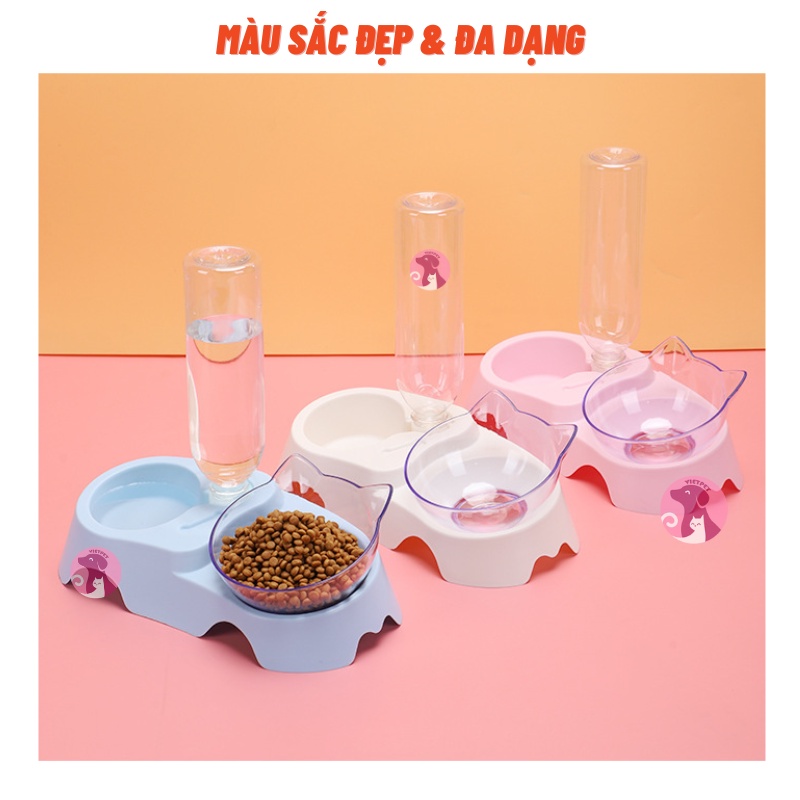 Khay bát ăn uống tự động VIETPET (Tặng bình to) - Chất lượng cao - Đẹp &amp; Bền - Bát nghiêng 15 độ giúp thú cưng ăn dễ hơn
