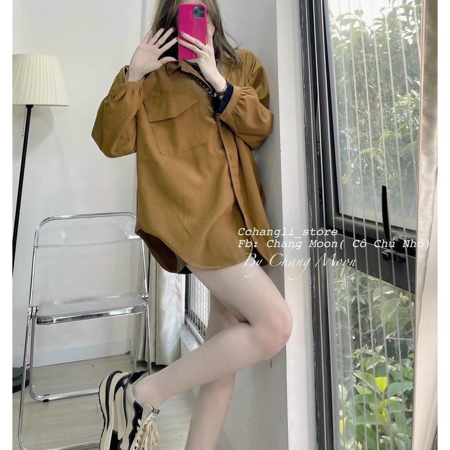 Áo sơ mi vạt bầu đuôi tôm chất thô mềm 2 màu nâu sữa áo sơ mi nữ form rộng unisex LD098