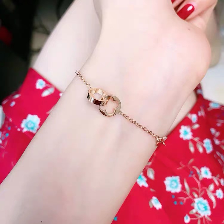 Lắc Chân Thép Titan Mạ Vàng Hồng 18K Mặt Cỏ Bốn Lá May Mắn Phong Cách Nhật Hàn