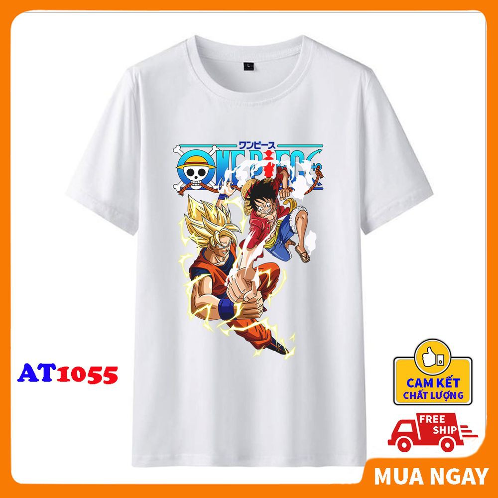 Áo thun phông tay lỡ One Piece dáng Unisex form rộng in hình Luffy vs Goku, vải dày mịn mát phong cách Hot Trend AT1055A