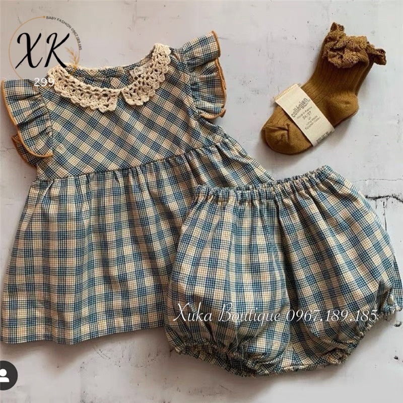 Bộ Quần Áo Trẻ Em Cao Cấp Bebe Organic |Set Áo kèm Quần Cổ Tròn Tay Cánh Tiên Kẻ Caro Bé Gái (Ảnh thật)
