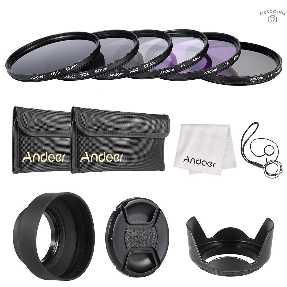 ღ  Andoer 67mm Lens Filter Kit UV+CPL+FLD+ND(ND2 ND4 ND8) with Carry Pouch / Lens Cap / Lens Cap Holder / Tulip & Rubber Lens Hoods / Cleaning Cloth