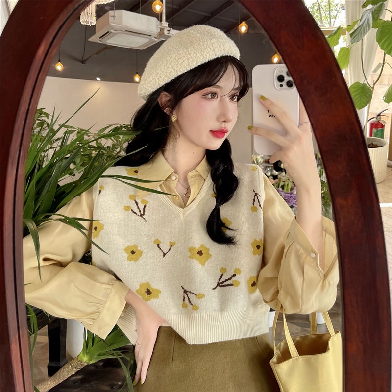 Bộ đồ hai món gồm áo sơ mi tay dài + áo gile dệt kim thời trang cho nữ (có bán lẻ)