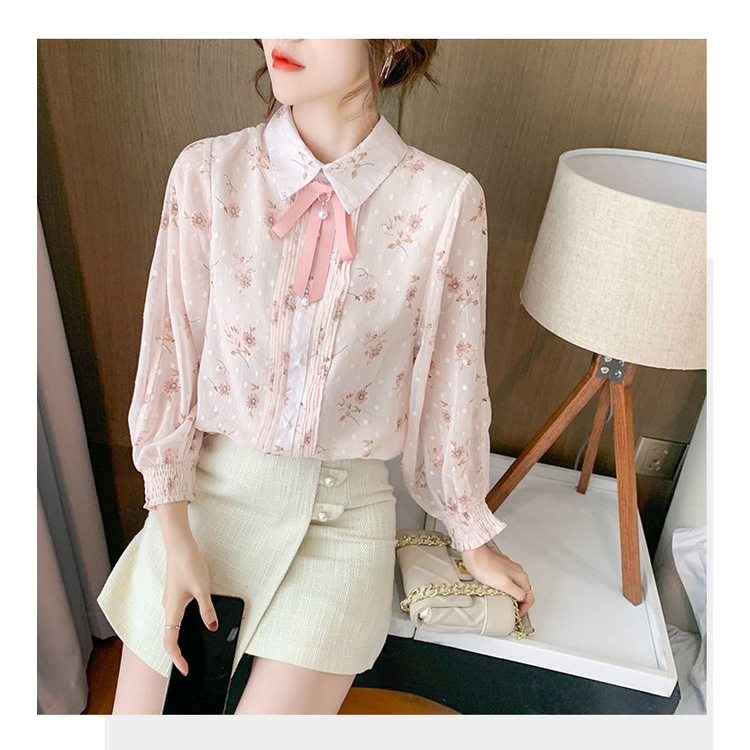 Áo Sơ Mi chiffon Tay Dài In Họa Tiết Hoa Thắt Nơ Phong Cách retro Thời Trang Mùa Xuân Mới 2022