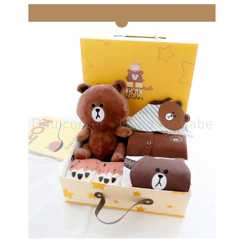 Set Đồ Sơ Sinh 6 Món Cao Cấp Gấu Brown - Set Quà Tặng Cao Cấp