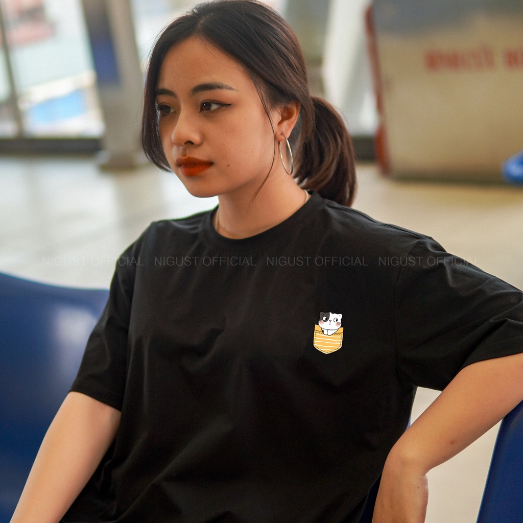 Áo Thun Đôi Couple Tee đen trắng tay lỡ NIGUST Mèo Pocket N015-N016 vải cotton cao cấp Fullbox