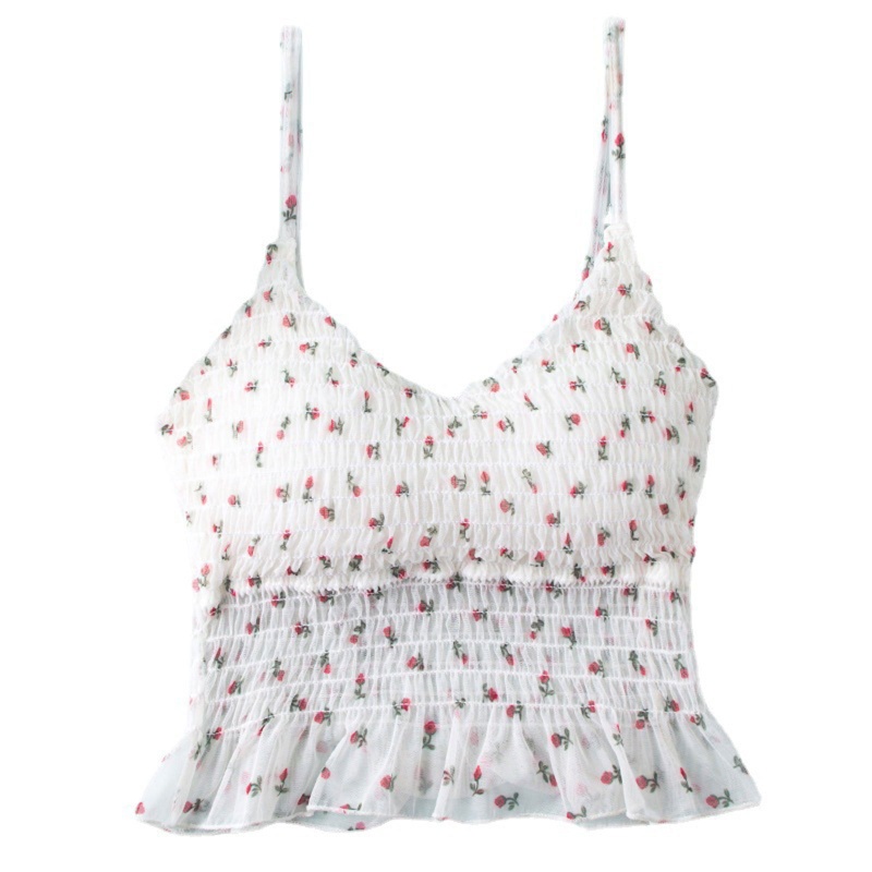 Brroa Áo Croptop Nhún Bèo Họa Tiết Hoa Phong Cách Pháp Thời Trang Cho Nữ