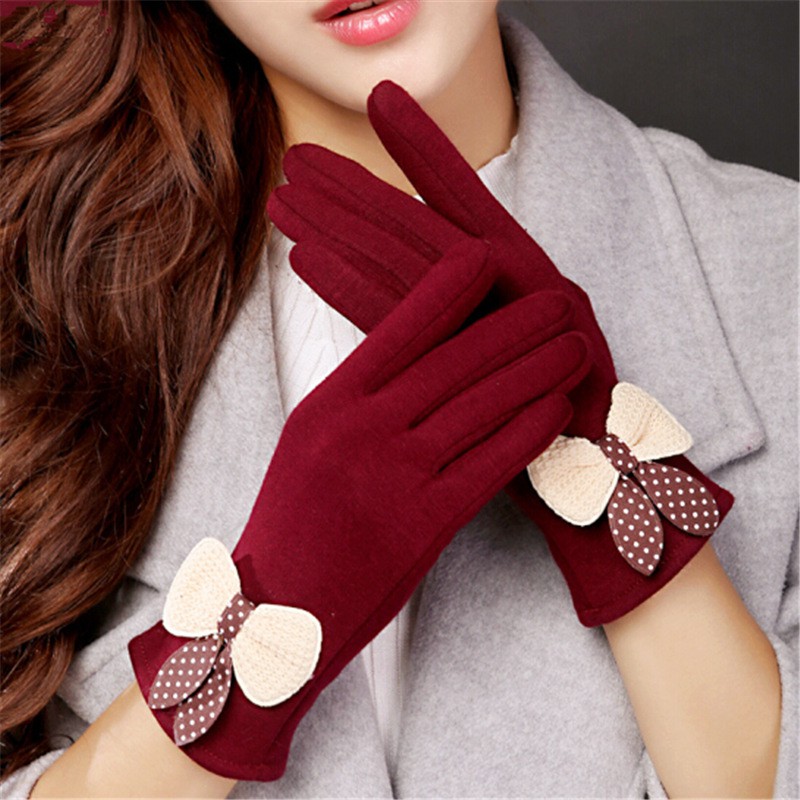 Găng tay nữ cảm ứng ngón tay vải nỉ lót lông ấm mùa đông họa tiết nơ dễ thương - gang tay nu