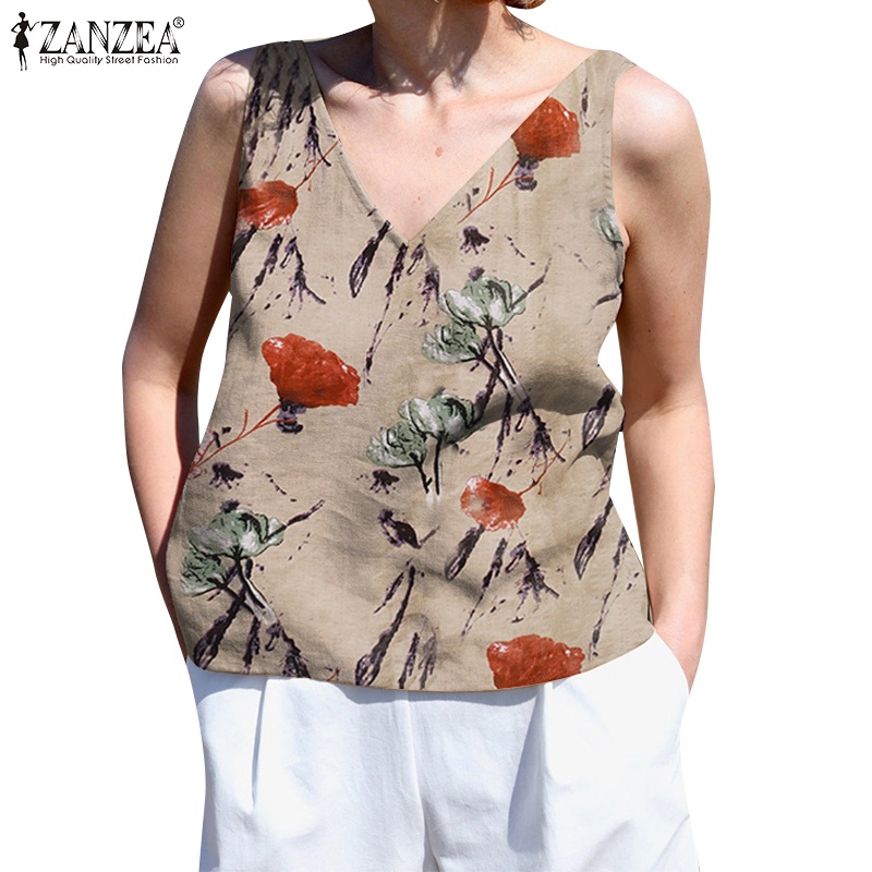 Áo kiểu nữ Zanzea sát nách cổ chữ V in hoa thời trang