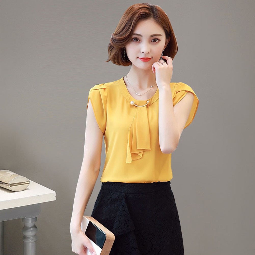 FREESHIP ĐƠN 99K_ Áo chiffon nữ tay ngắn cổ chữ O màu trơn