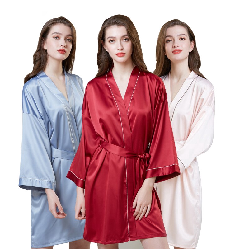 High Quality New Silk Kimono Robe Bathrobe Women Bridesmaid Sexy Navy Blue Satin Solid Robes Female Ladies Dressing Gowns