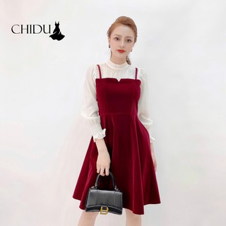 Chidu đầm công sở yếm nhung tay voan xinh xắn sp227