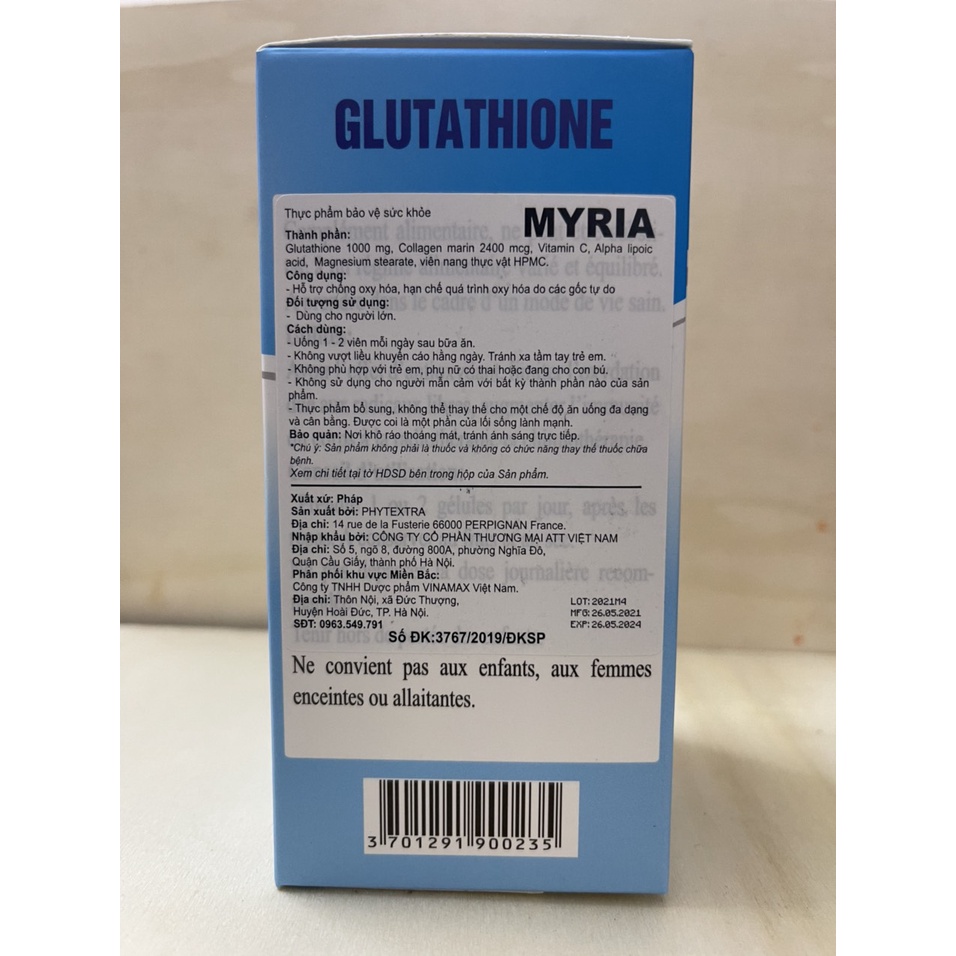 Myria Glutathion Làm đẹp da, chống lão hóa - Nhập khẩu Pháp - Hộp 60 viên