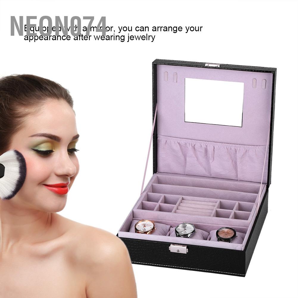 Hộp đựng trang sức bọc da hai tầng có khóa - hộp đựng nữ trang cao cấp - đựng Đồng hồ Bông tai Nhẫn Dây chuyền có Gương Neon074
