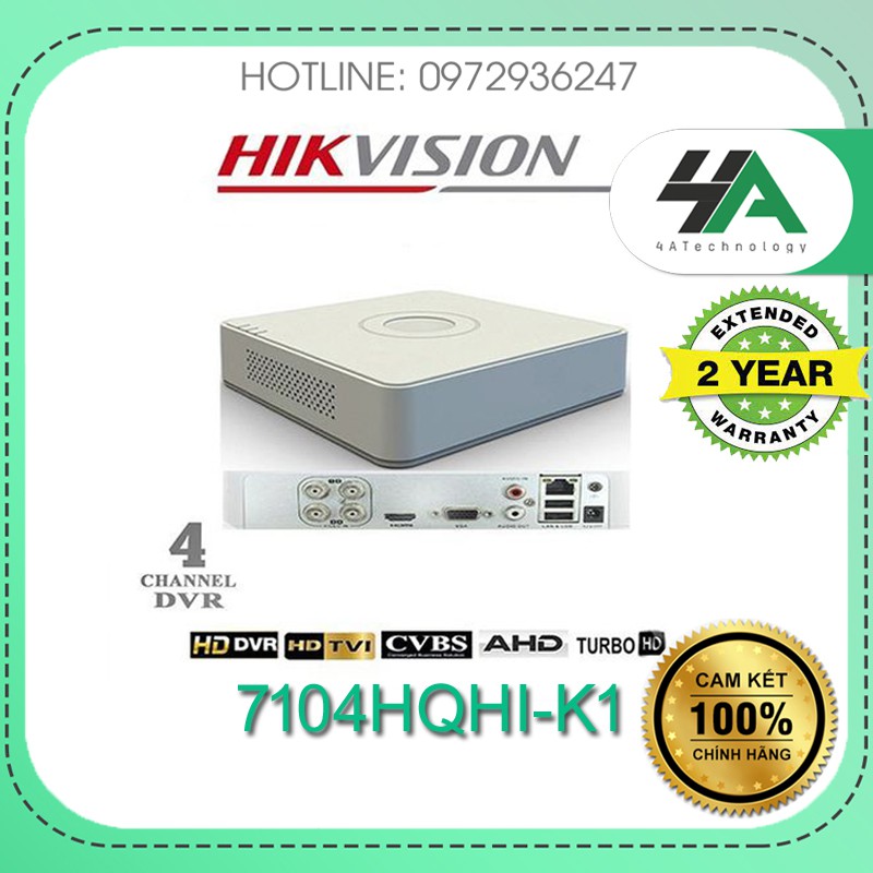 Đầu ghi hình analog TVI-IP 4 kênh HIKVISION 7104HQHI-K1 (S), hỗ trợ cam liền mic (chính hãng Hikvision Việt Nam)