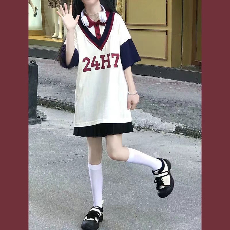 Set Áo Thun POLO Ngắn Tay + Chân Váy Xếp Ly Màu Đen Phong Cách Nhật Bản Thời Trang Mùa Hè Cho Nữ