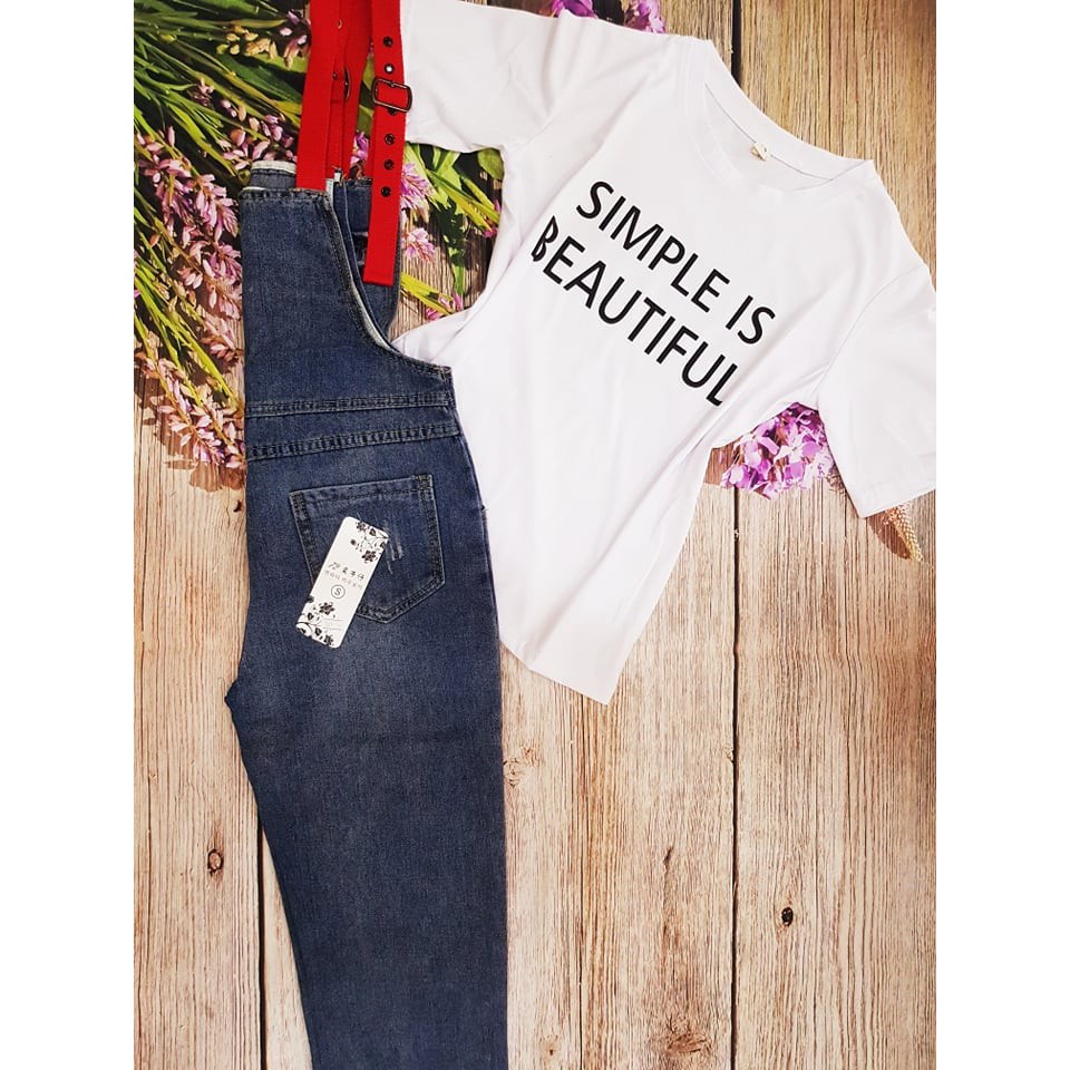 Set Quần Yếm Jean Rách kèm Áo Thun Cotton hàng nhập Quảng Châu chuẩn form