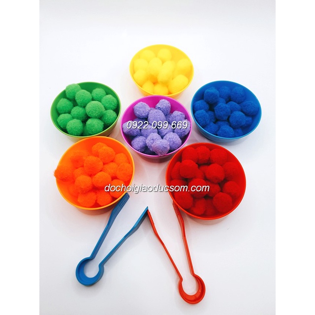 Set phân loại màu sắc tập gắp pompom (6 bát+ 2 kẹp)