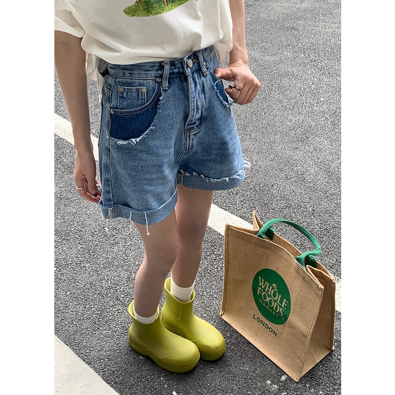 Quần Đùi jeans Lưng Cao Ống Rộng Thời Trang retro Cho Nữ