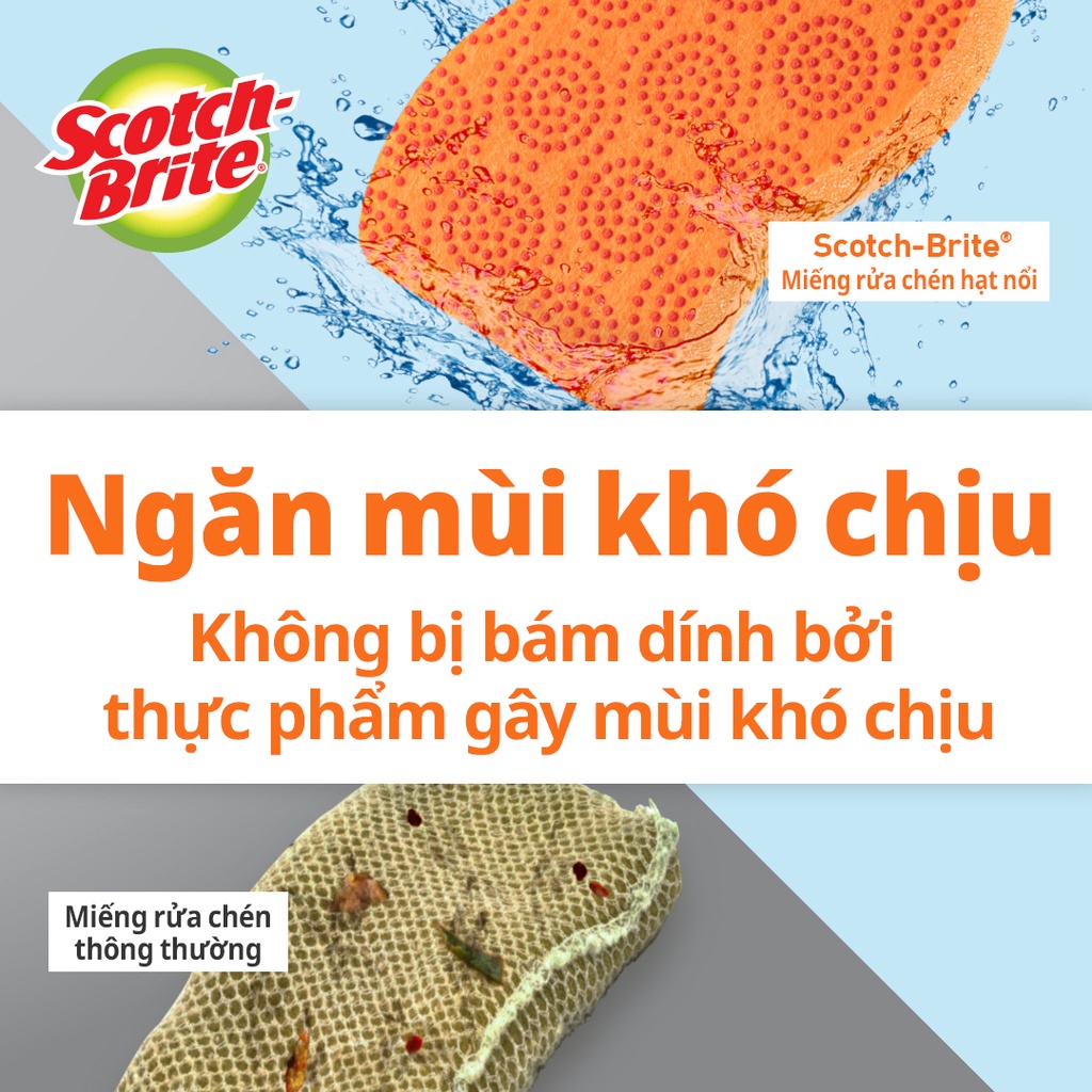 Miếng rửa chén hạt nổi không trầy xước Scotch Brite 3M đa năng, mút kháng khuẩn, không bám cặn màu cam/xanh