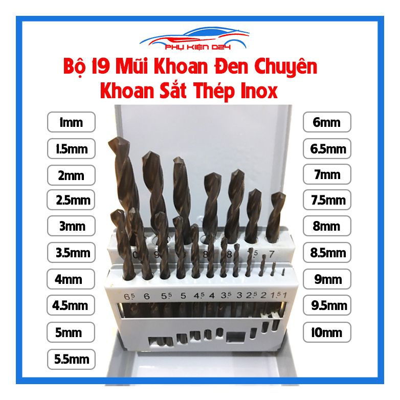 Bộ 19 Mũi Khoan Chuyên Khoan Sắt Thép Inox Màu Đen Cao Cấp