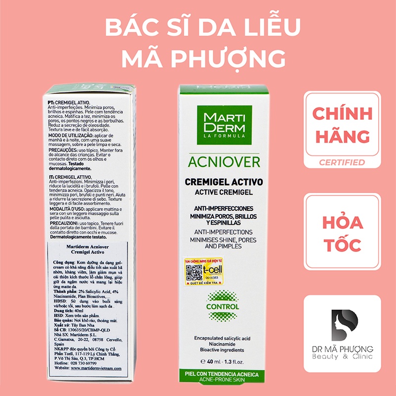 [CHÍNH HÃNG] Kem Dưỡng Giảm Nhờn, Mụn &amp; Se Lỗ Chân Lông - MartiDerm Acniover Active Cream 40ml