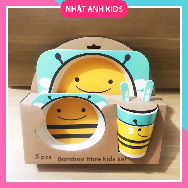 Set Khay Ăn Dặm Cho Bé, 5 món, sợi tre an toàn cho sức khỏe, nhiều họa tiết ngộ nghĩnh