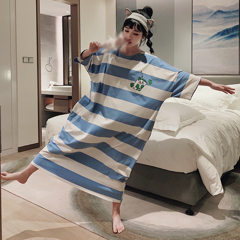 Đầm Ngủ Dáng Rộng Tay Ngắn Kẻ Sọc Dễ Thương Xinh Xắn Cho Nữ