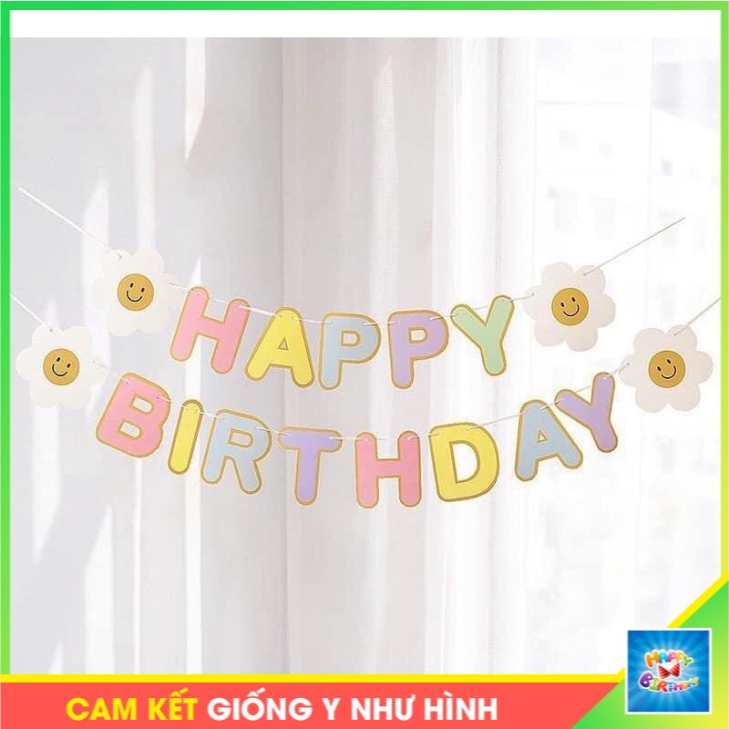 Dây treo trang trí sinh nhật happy birthday đa màu pastel hoa cúc trắng daisy