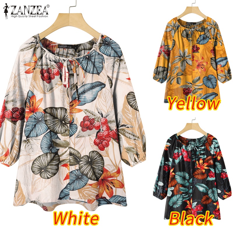 ZANZEA Áo Kiểu Cổ Tròn Tay 3/4 In Họa Tiết Chiếc Lá Thời Trang Cho Nữ