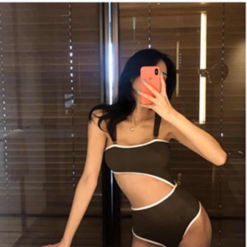 Bikini đi biển liền thân chất thun lạnh màu nâu viền trắng Hot 2022 Xiaomimi SF495