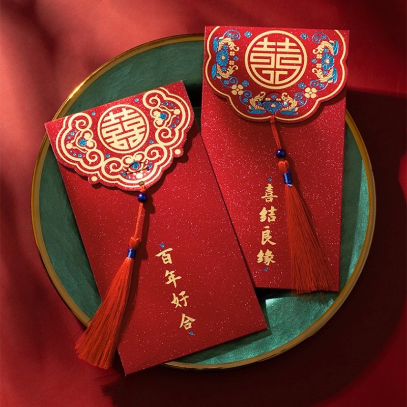 Bao Lì Xì Đỏ Chúc Mừng Năm Mới 2024 Phối Tua Rua, lì xì tết sang trọng