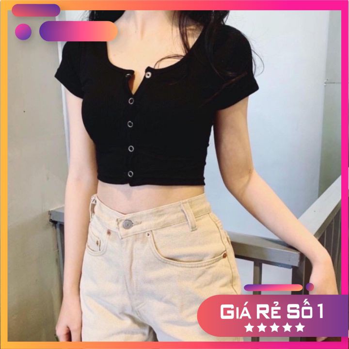 [Rẻ Vô Địch Áo Croptop Len Tăm Nút Thật