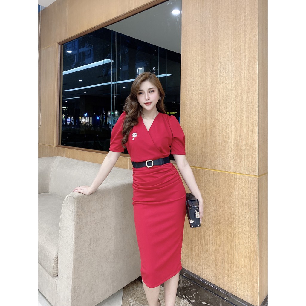 Váy đầm nữ body cổ chéo thắt lưng,dáng ôm tay lửng, cao cấp sang chảnh dự tiệc công sở màu  đỏ Nancy A39 | BigBuy360 - bigbuy360.vn